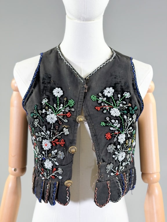 Antique Velvet Glass Floral Beaded Folk Vest Gilet (1 of 6)