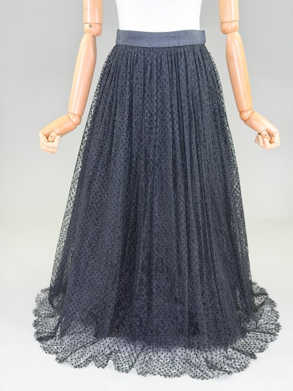 Vintage Lace Flocked Polka Dot Skirt: Vintage Lace Flocked Polka Dot Skirt having satin waist band with side zip closure and flocked lace skirt. Measuring 26 inch waist, 36 inches long. From the lifetime collection, fashion archive and