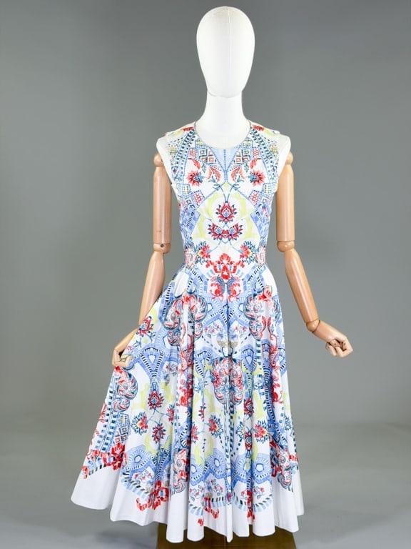 Temperley London Cotton Printed Fit & Flare Dress: Temperley London Cotton Printed Fit & Flare Dress having print throughout with circle skirt, closing at center back with zip. Labeled Temperley London, marked size US 4. Measuring 32 inch bust, 26