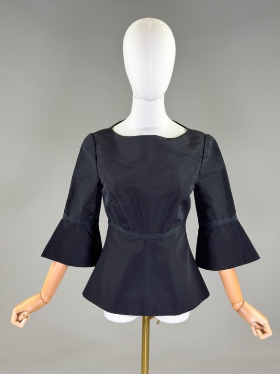 Vintage Silk Taffeta Empire Waist Blouse Top Shirt: Vintage Silk Taffeta Empire Waist Blouse Top Shirt having boat neck with empire waist and center back zip closure. Measuring 32 inch bust, 28 inch waist, 22 inches long, 16 inch sleeve length. From