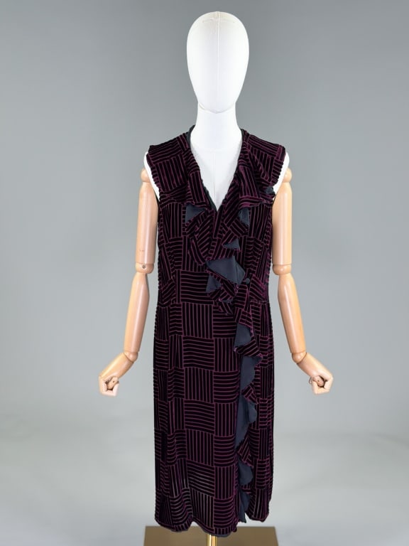 Vintage Devore Velvet Checkerboard Ruffle Dress: Vintage Devore Velvet Checkerboard Ruffle Dress having ruffle down center front with checkerboard pattern throughout, closing with buttons at center front. Measuring 40 inch bust, 34 inch waist, 41