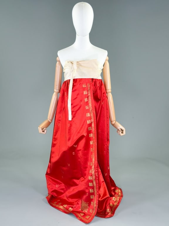 Antique Korean Hanbok Silk Satin Dress: Antique Korean Hanbok Silk Satin Dress having adjustable waist. Measuring 46 inches long. General wear throughout as shown. From the lifetime collection, fashion archive and business inventory of coll