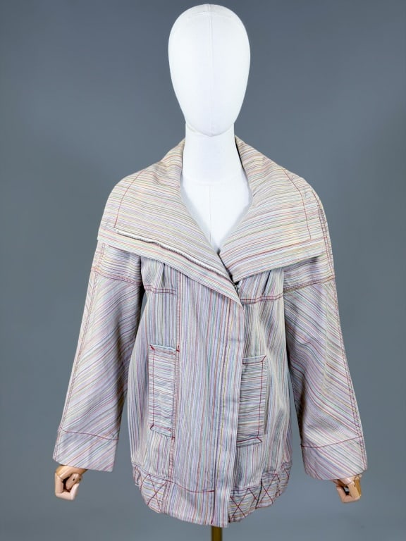 Vintage 2000s Vivienne Westwood Stripe Jacket: Vintage 2000s Vivienne Westwood Stripe Jacket having zip front closure. Labeled Vivienne Westwood Red Label. Marked Size 3. Measuring 38 inch bust, 28 inches long, 23 inch sleeve length. From the life