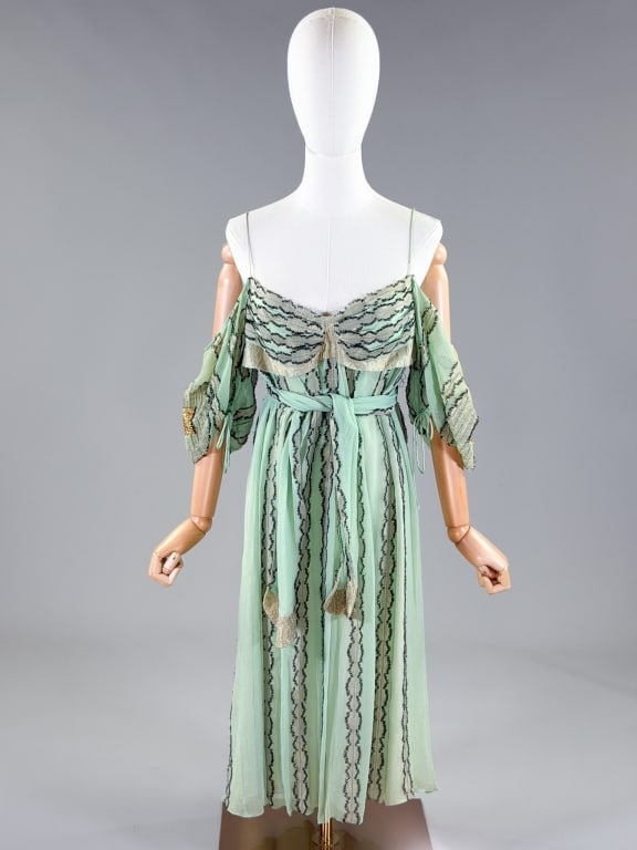 Vintage 2000s Zac Posen Silk Stripe Metallic Dress: Vintage 2000s Zac Posen Silk Stripe Metallic Dress having no closures, slides over head with belt at waist and cold shoulder puff sleeves. Marked size 6. Measuring 34 inch bust, 43 inches long, 11 inc