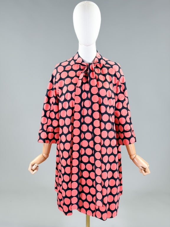 Vintage 2000s Gold by Giles Cotton Polk Dot Coat: Vintage 2000s Gold by Giles Cotton Polk Dot Coat having tie at neck and single button with open front. Measuring 36 inches long, 17 inch sleeve length. From the lifetime collection, fashion archive an