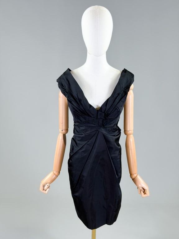 Vintage 2000s Marc Jacobs Silk Cocktail Dress: Vintage 2000s Marc Jacobs Silk Cocktail Dress having back zip closure and draped bust. Marked size 8. Measuring 36 inch bust, 30 inch waist, 34 inches long. From the lifetime collection, fashion archi
