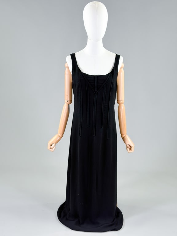 Vintage 2000s Moschino Column Maxi Dress: Vintage 2000s Moschino Column Maxi Dress having side zip closure. Marked size US 10. Measuring 38 inch bust, 32 inch waist, 55 inches long. General wear as shown throughout. From the lifetime collecti