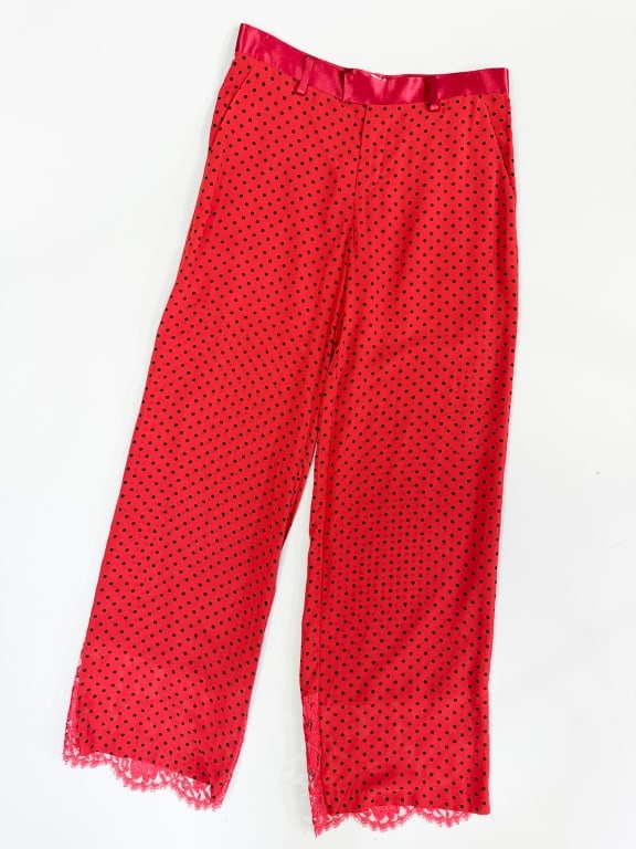 Vintage 2000s Undercover Polka Dot Lace Trousers: Vintage 2000s Undercover Polka Dot Lace Trousers Pants having zip fly closure and four pockets. Marked size 3. Measuring 30 inch waist, 10 inch rise, 32 inch inseam. General wear as shown throughout. 