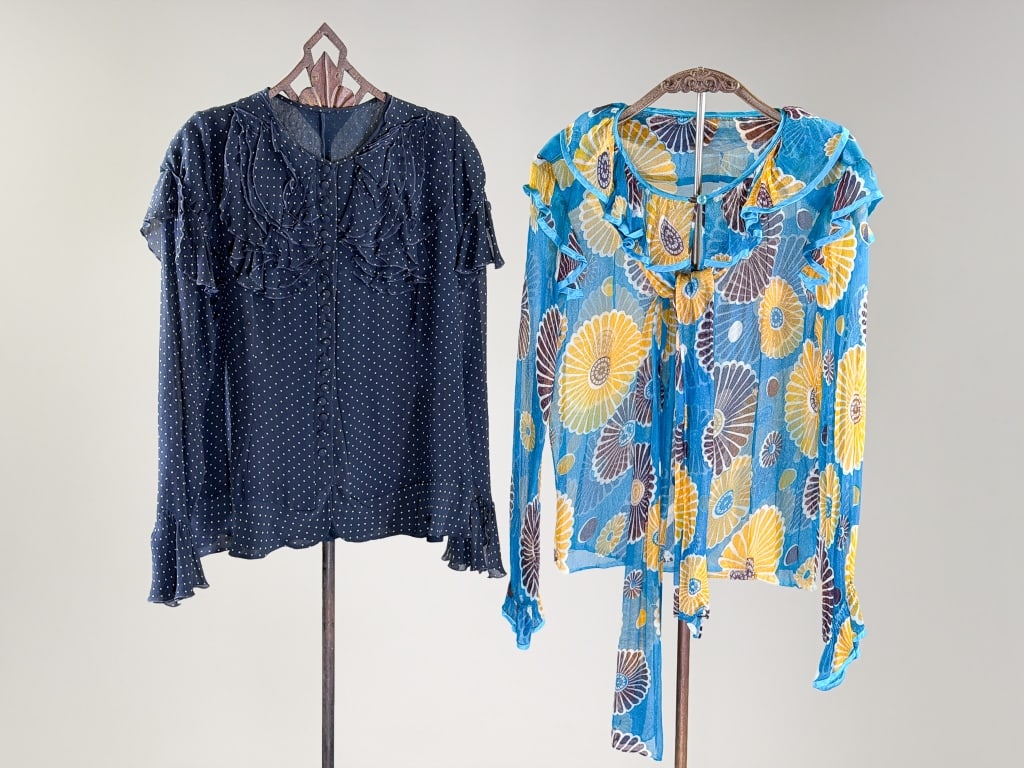 Two Vintage Silk Ruffled Blouses Tops Shirts: Two Vintage Silk Ruffled Blouses Tops Shirts - One having floral print, measuring 40 inch bust, 24 inches long, one with polka dots measuring 40 inch bust, 23 inches long. From the lifetime