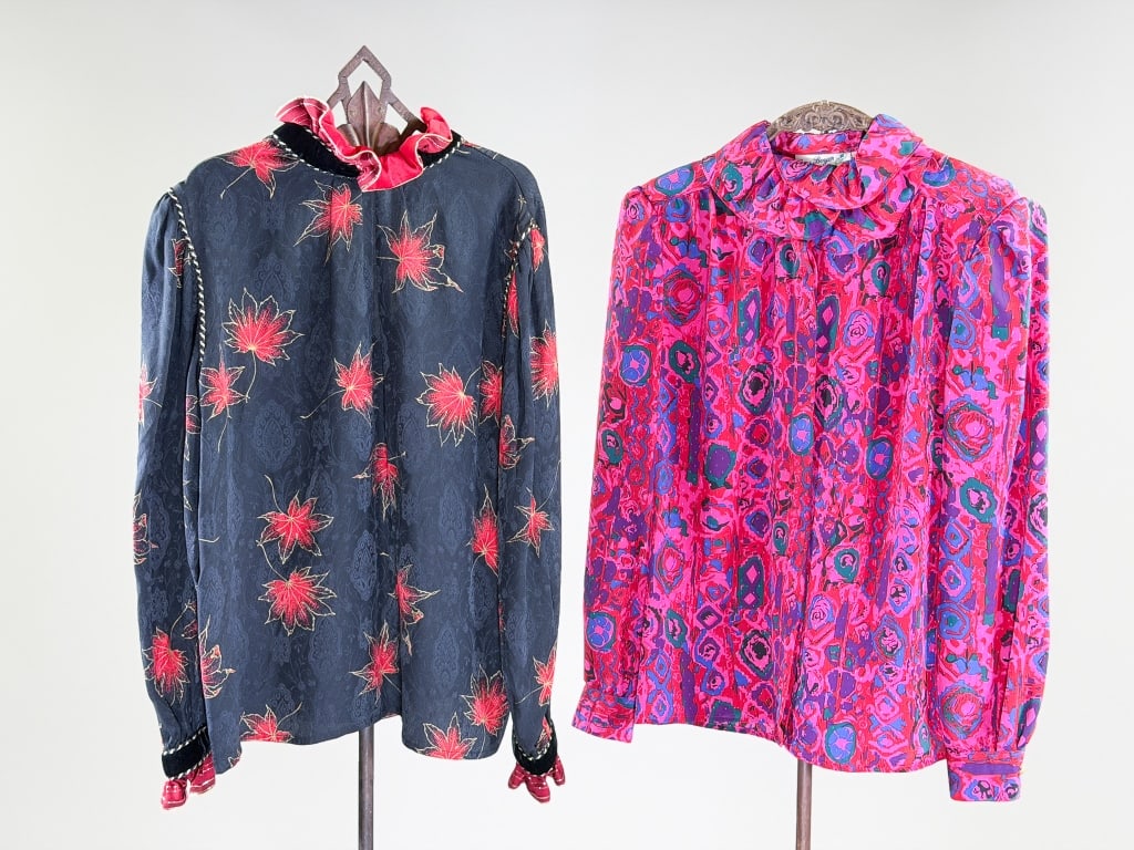 Two Vintage Silk Floral Blouse Tops Shirts: Two Vintage Silk Floral Blouse Tops Shirts - One labeled Gay Boyer, marked size 8, measuring 42 inch bust, 23 inches long. One labeled Annabelle Paris, measuring 44 inch bust, 25 inches long. From the