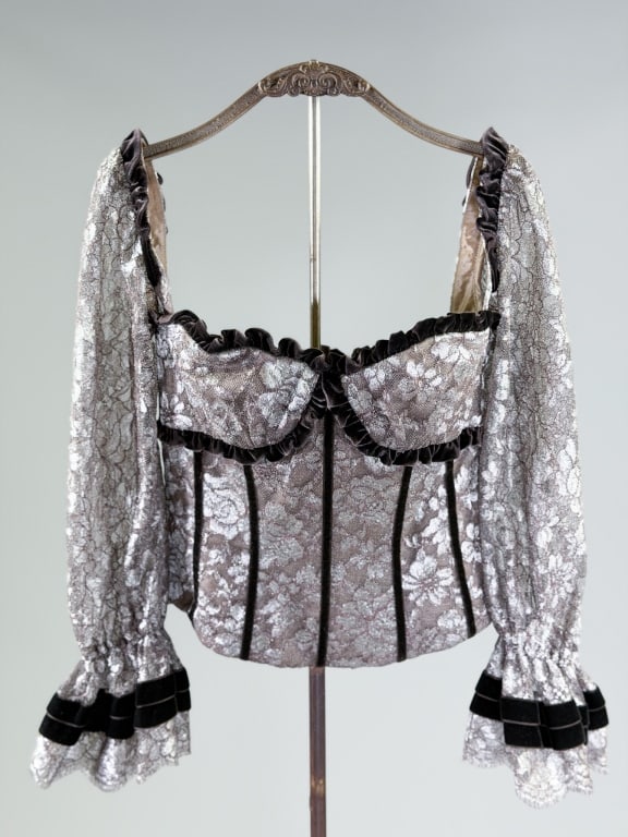 Vintage Metallic Lace Velvet Corset Top Blouse: Two Vintage Silk Floral Blouse Tops Shirts having side zip closure, measuring 32 inch bust, 26 inch waist, 19 inches long, 24 inch sleeve length. From the lifetime collection, fashion archive and
