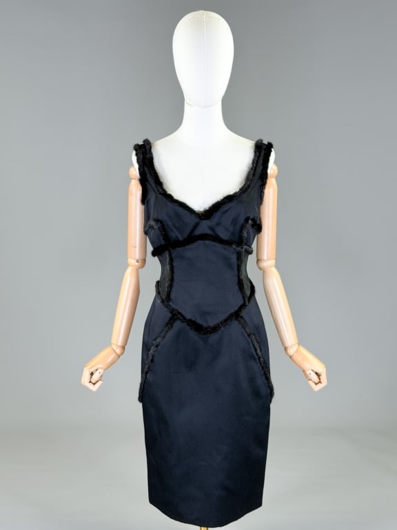 Vintage Douglas Hannant Mink Trim Satin Dress: Vintage Douglas Hannant Mink Trim Satin Dress having back zip closure. Marked size 6. Measuring 36 inch bust, 27 inch waist, 40 inches long. From the lifetime collection, fashion archive and business 