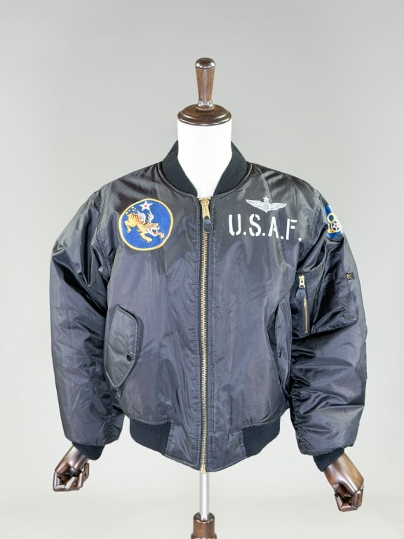 Vintage Hand Painted MA-1 Bomber Jacket Coat: Vintage Hand Painted MA-1 Bomber Jacket Coat having zip front closure with front pockets. Measuring 50 inch chest, 27 inches long, 25 inch sleeve length. From the lifetime collection, fashion archive 