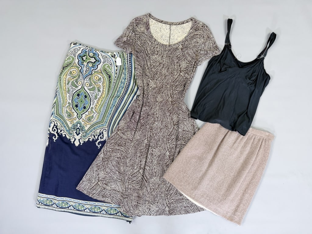 Collection of Vintage Clothing Skirts, Dress, Top: Collection of Vintage Clothing Skirts, Dress, Top having four pieces total, 2 skirts, 1 dress, 1 top. Including Geiger, Albert Capraro and Olga. General wear through all. From the lifetime collection,