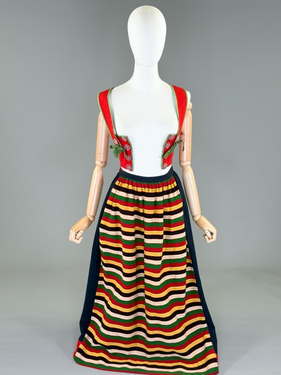 Antique Wool Folk Stripe Skirt & Corset Top Set: Antique Wool Folk Stripe Skirt & Corset Top Set with top having lace front closure, measuring adjustable bust & waist, 13 inches long. Skirt with hook closure, measuring 26 inch waist, 36 inches long.