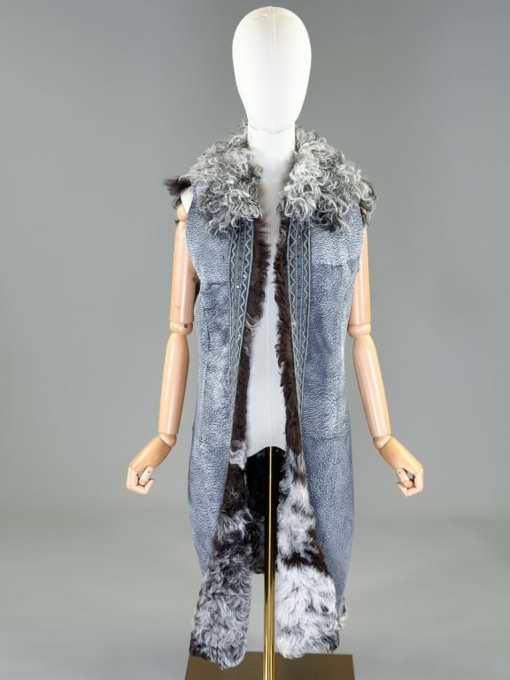 Vintage Curly Lamb Fur Leather Maxi Vest (1 of 8)