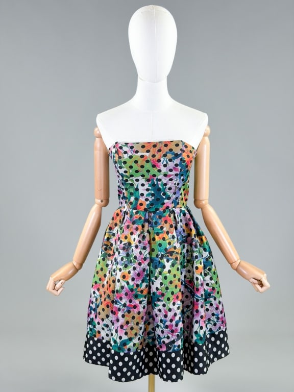 Corey Lynn Calter Floral Polka Dot Strapless Dress: Corey Lynn Calter Floral Polka Dot Strapless Dress having back zip closure. Measuring 34 inch bust, 26 inch waist, 31 inches long. From the lifetime collection, fashion archive and business inventory 