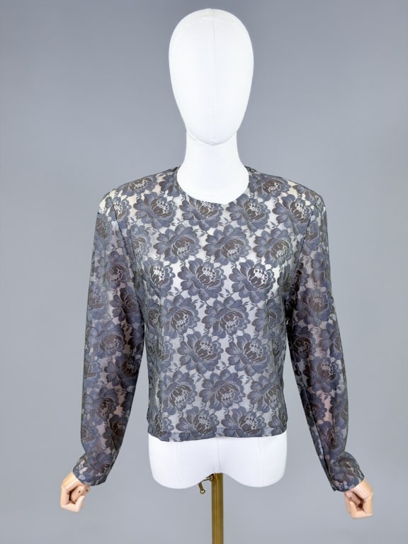 Vintage J. Tiktiner Lace Floral Blouse Top: Vintage J. Tiktiner Lace Floral Blouse Top having back zip closure. Marked size 40. Measuring 40 inch bust, 20 inches long, 24 inch sleeve length. General wear as shown throughout. From the lifetime
