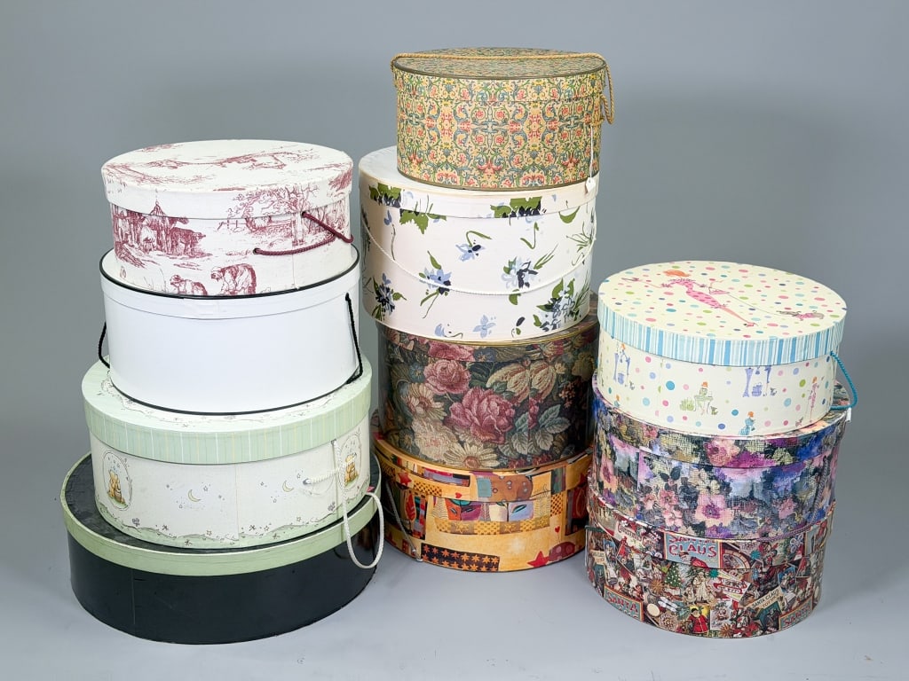 Group of 11 Vintage Hat Boxes: Group of Vintage Hat Boxes including 11 pieces total. General wear as shown throughout. From the lifetime collection, fashion archive and business inventory of collector and dealer Elaine Klausman