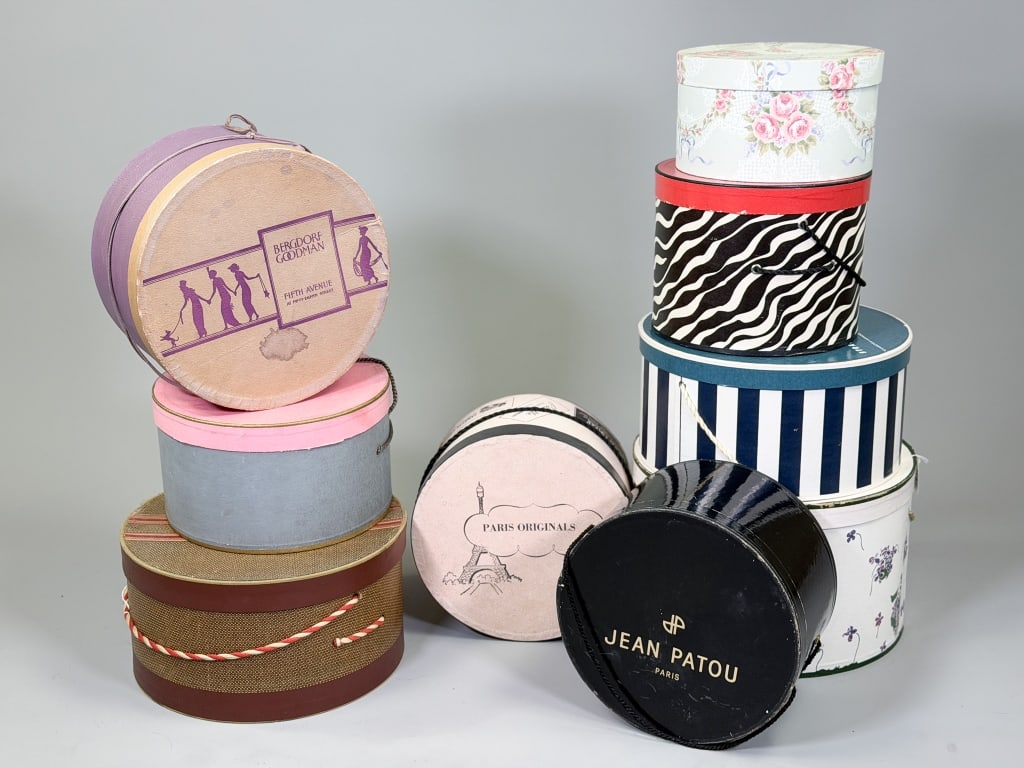 Group of 9 Vintage Hat Boxes: Group of Vintage Hat Boxes including 9 pieces total. General wear as shown throughout. From the lifetime collection, fashion archive and business inventory of collector and dealer Elaine Klausman