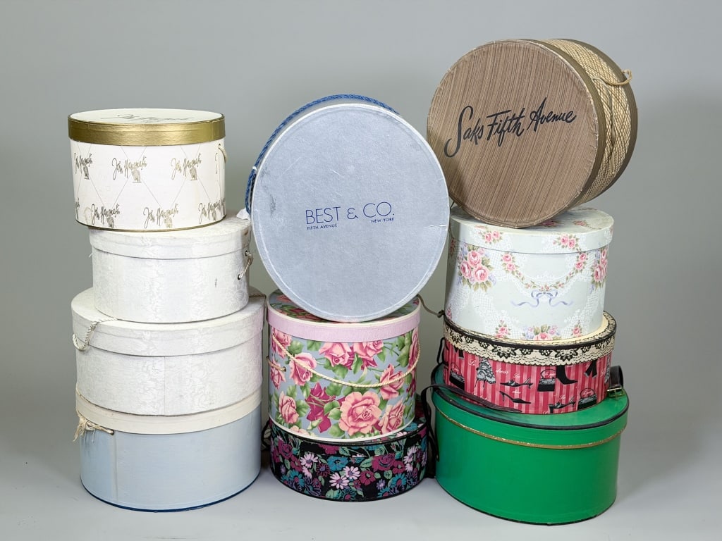 Group of 11 Vintage Hat Boxes: Group of Vintage Hat Boxes including 11 pieces total. General wear as shown throughout. From the lifetime collection, fashion archive and business inventory of collector and dealer Elaine Klausman