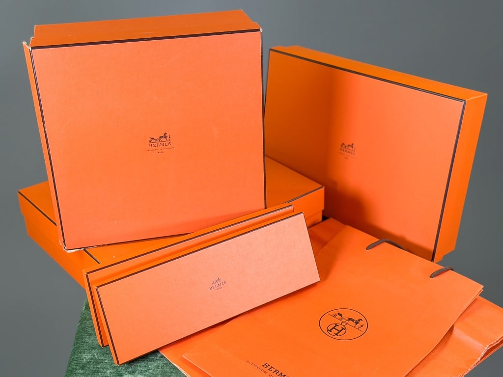 Collection of Hermes Paris Boxes & Shopping Bags: Collection of Hermes Paris Boxes & Shopping Bags including five boxes and three shopping bags. General wear as shown throughout. From the lifetime collection, fashion archive and business inventory