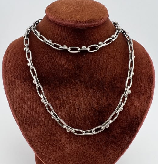 Antique 800 Silver Ball & Chain Motif Necklace: Antique 800 Silver Ball & Chain Motif Necklace Chain. Hallmarked, articulated links, weighs approximately 24 grams and measures 21 inches in length. From the lifetime collection, fashion archive and