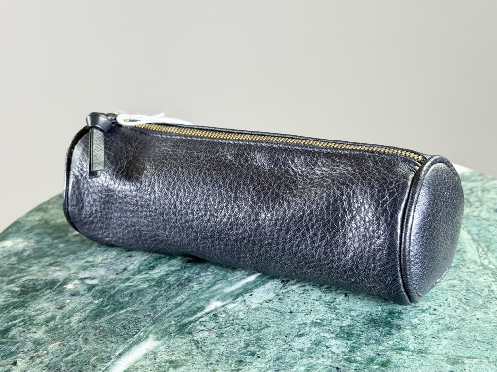 Vintage Bottega Veneta Leather Barrel Pencil Case: Vintage Bottega Veneta Leather Barrel Pencil Case having zippered closure. Measuring approximately 6.5 inches long by 2 inches deep. From the lifetime collection, fashion archive and business inventor