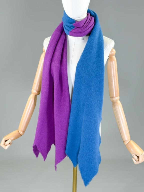 Vintage 1980s Issey Miyake Knit Scarf Wrap Shawl: Vintage 1980s Issey Miyake Knit Scarf Wrap Shawl having dagged edges with color block design. Measuring approximately 86 inches long by 20 inches wide. From the lifetime collection, fashion archive an