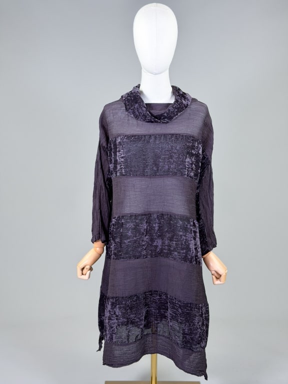 Vintage Issey Miyake Pleated Velvet Tent Dress: Vintage Issey Miyake Pleated Velvet Tent Dress having turtleneck cowl. Measuring 40 inch bust, free waist, 38 inches long, 17 inch sleeve length. Labeled Issey Miyake Cauliflower. From the lifetime co