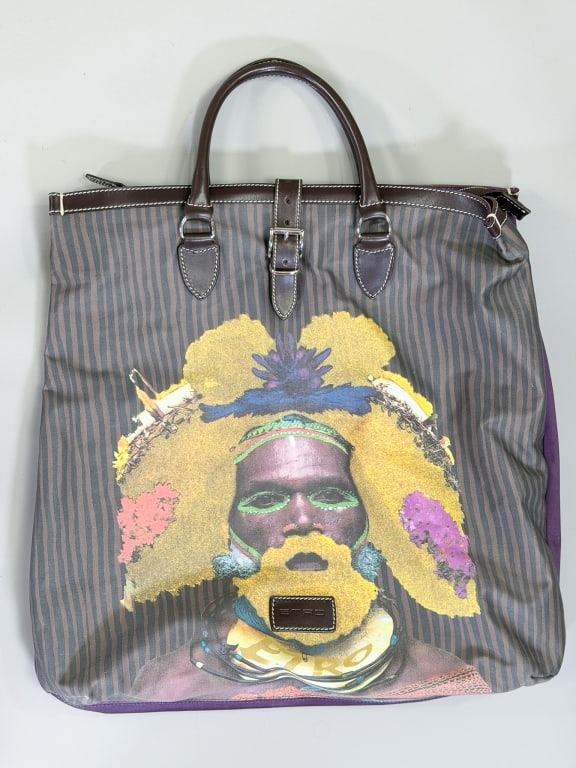 Vintage 2000s Etro Nylon Printed Tote Travel Bag: Vintage 2000s Etro Nylon Printed Tote Travel Bag having graphic at front with leather details and zippered top. Measuring approximately 20 inches high by 20 inches wide by 4 inches deep. From the life