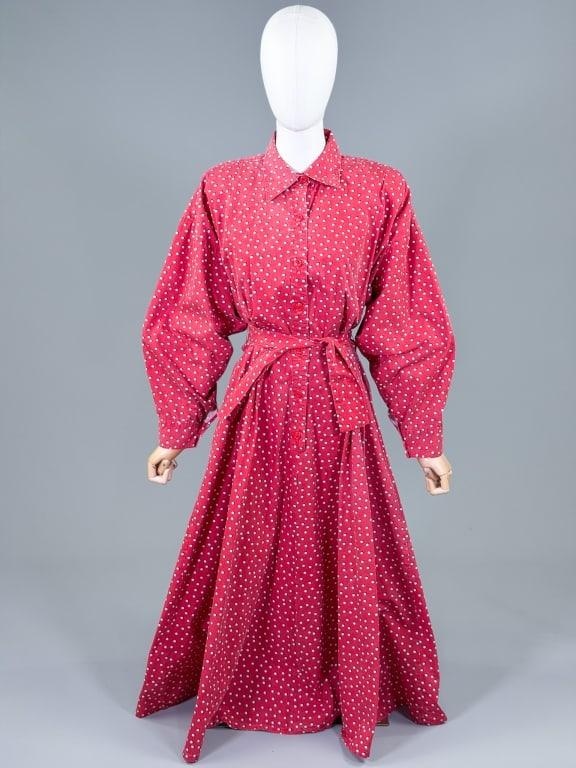 Vintage 1980s Norma Kamali Cotton Polka Dot Dress: Vintage 1980s Norma Kamali Cotton Polka Dot Dress having button front closure and belt at waist. Measuring 36-44 inch bust, 30 inch waist, 50 inches long, 20 inch sleeve length. General wear as shown 