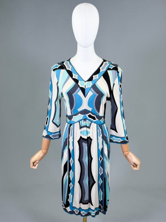Vintage 1960s Emilio Pucci Knit Printed Dress: Vintage 1960s Emilio Pucci Knit Printed Dress having back zip closure. Marked size 14. Measuring 34-40 inch bust, 28-30 inch waist, 38 inches long, 18 inch sleeve length. General wear throughout as sh