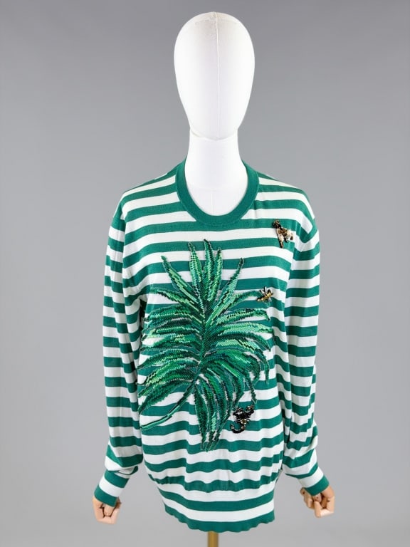 Dolce & Gabbana Cashmere Silk Knit Stripe Sweater: Dolce & Gabbana Cashmere Silk Knit Stripe Sweater having embellishments throughout. Measuring 42-50 inch bust, 29 inches long, 28 inch sleeve length. From the lifetime collection, fashion archive and 