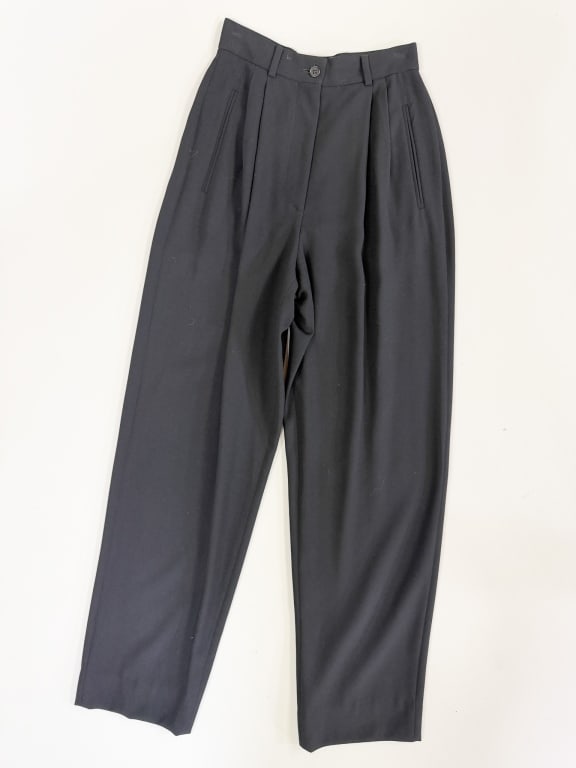 Vintage 1990s Giorgio Armani Wool Crepe Trousers: Vintage 1990s Giorgio Armani Wool Crepe Trousers Pants. Marked size 36. Measuring 24 inch waist, 13 inch rise, 29 inch inseam. From the lifetime collection, fashion archive and business inventory of c