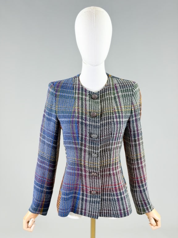 Vintage 1990s Emanuel Ungaro Wool Blazer Jacket: Vintage 1990s Emanuel Ungaro Wool Blazer Jacket having button front closure measuring 36 inch bust, 30 inch waist, 25 inches long, 24 inch sleeve length. From the lifetime collection, fashion archive 
