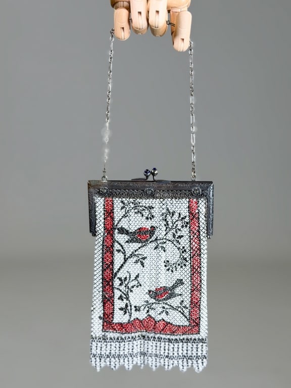 Antique 1920s Mandalian Bird Metal Mesh Purse: Antique 1920s Mandalian Bird Metal Mesh Purse having metal frame kiss lock closure. Measuring approximately 8 inches high by 5.5 inches wide. From the lifetime collection, fashion archive and business