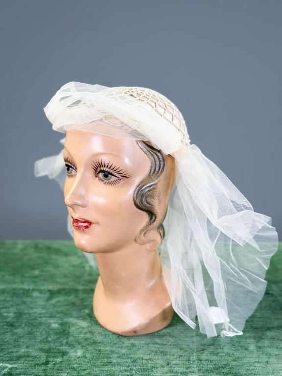 Antique Beaded Pearl Net Bridal Veil Cap: Antique Beaded Pearl Net Bridal Veil Cap. Interior circumference measuring approximately 20 inches. From the lifetime collection, fashion archive and business inventory of collector and dealer Elaine 