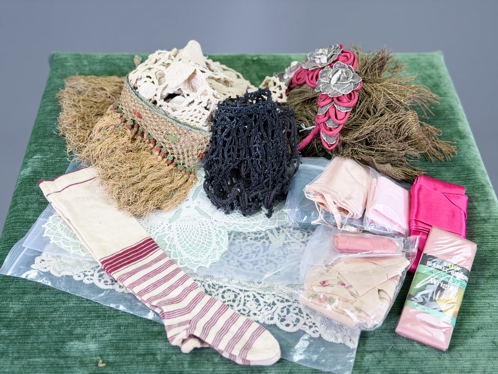 Collection of Antique Vintage Trims Textiles Lace: Collection of Antique Vintage Trims Textiles Lace including silk ribbons, floral headpiece, crochet fringe trims, beaded trims, lame trims, antique knit socks and lace pieces. From the lifetime collec