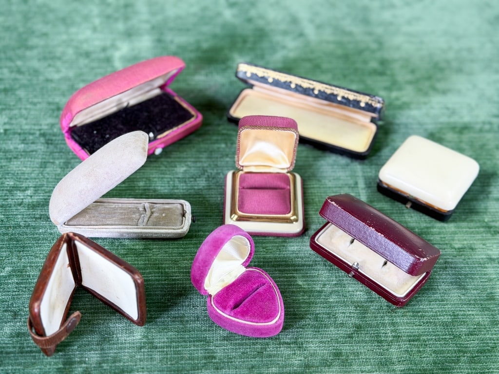 Collection of Antique & Vintage Jewelry Boxes: Collection of Antique & Vintage Jewelry Boxes including eight pieces total with velvet, leather, celluloid and fabric. Longest measuring approximately 5 inches in length. From the lifetime collection,