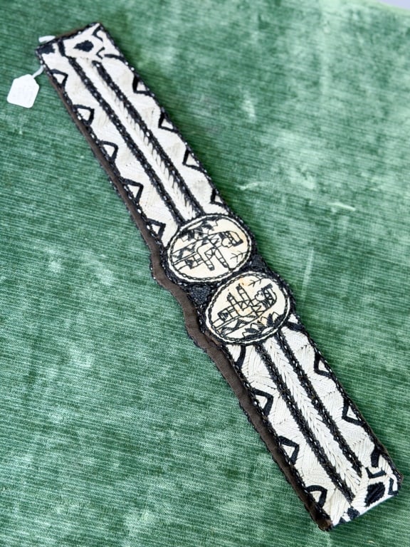 Antique 1920s Egyptian Revival Beaded Flapper Belt: Antique 1920s Egyptian Revival / Egyptomania Beaded Flapper Belt having beading throughout. Measuring approximately 39 inches total length. From the lifetime collection, fashion archive and business i
