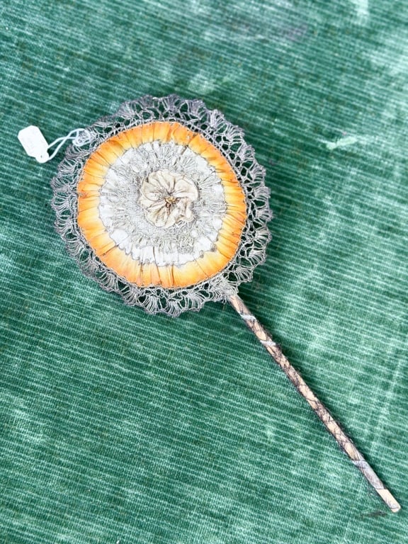 Antique 1920s Lame Silk Floral Boudoir Powder Puff: Antique 1920s Lame Silk Floral Boudoir Powder Puff having lame & silk ribbon details throughout. Measuring approximately 10 inches long. From the lifetime collection, fashion archive and business inve