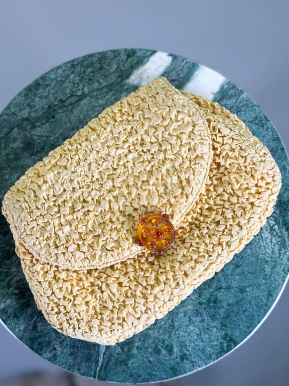 Vintage 1940s Textured Fabric Clutch Bag: Vintage 1940s Textured Fabric Clutch Bag having lucite lock closure at front. Measuring approximately 6 inches high by 9 inches wide by 1.5 inches deep. From the lifetime collection, fashion archive a