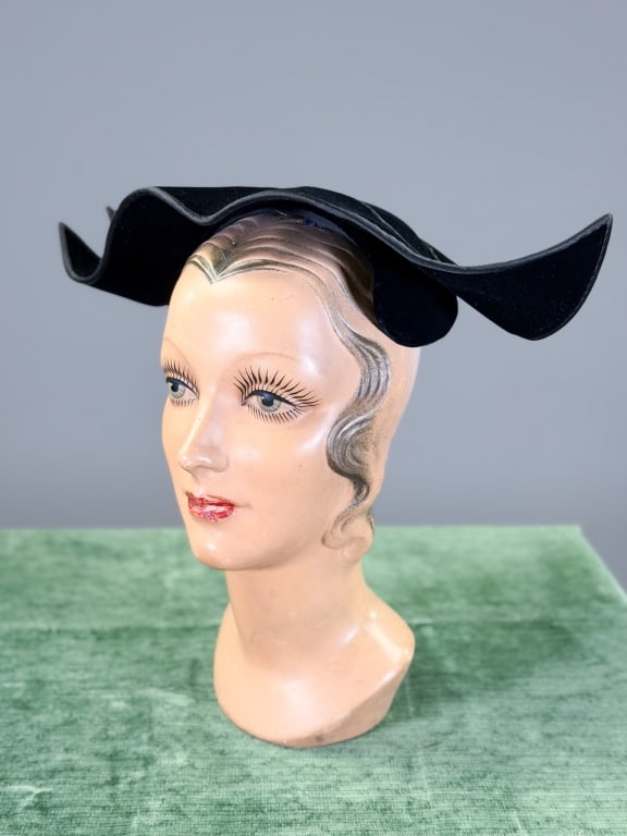 Vintage 1940s Velvet Sculptural Hat: Vintage 1940s Velvet Sculptural Hat. Labeled John Carter. Measuring one size fits most. Approximately 16 inches wide. From the lifetime collection, fashion archive and business inventory of collector 