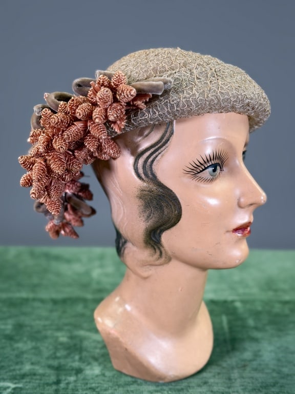 Vintage 1940s Soutache Net Pine Cone Hat: Vintage 1940s Soutache Net Pine Cone Hat. Labeled Albouy. Interior circumference measuring approximately 21.5 inches. From the lifetime collection, fashion archive and business inventory of collector 