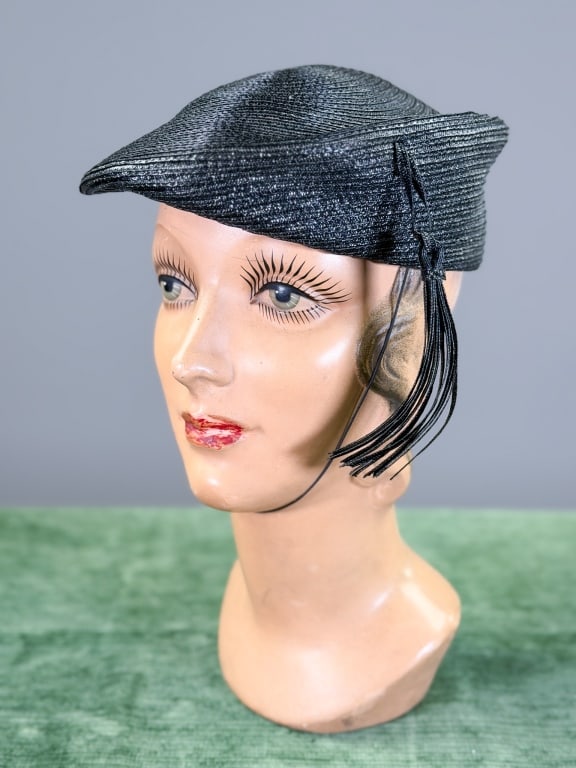 Vintage 1940s Shiny Straw Fringe Tassel Hat: Vintage 1940s Shiny Straw Fringe Tassel Hat. Interior circumference measuring approximately 21.5 inches with chin strap. From the lifetime collection, fashion archive and business inventory of collect