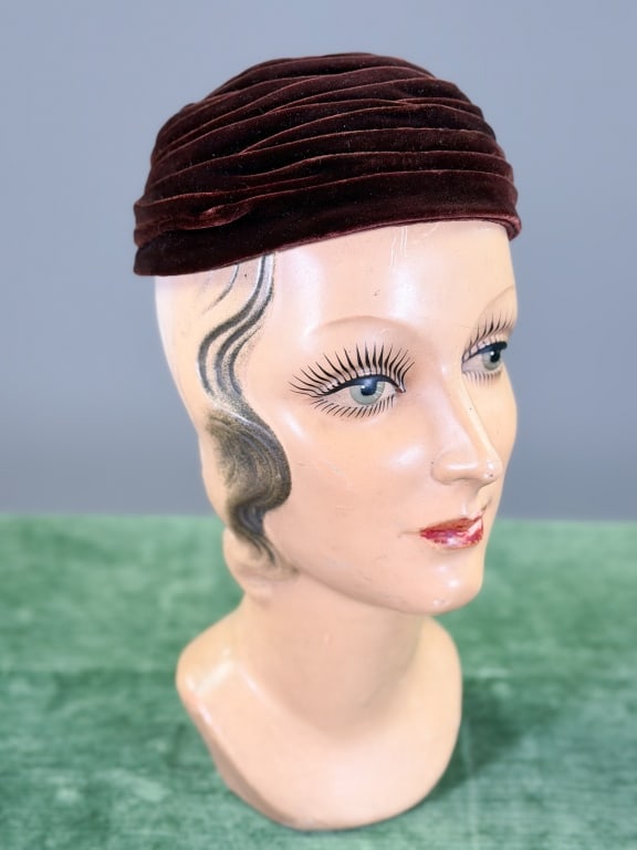 Vintage 1940s Saks Fifth Ave Velvet Draped Cap Hat: Vintage 1940s Velvet Draped Cap Hat. Labeled Saks Fifth Avenue Millinery Salon. Interior circumference measuring approximately 20 inches. From the lifetime collection, fashion archive and business inv