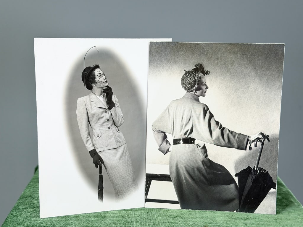 Vintage 1940s Fashion Photography Images: Vintage 1940s Fashion Photography Images both measuring approximately 14 inches by 11 inches. General wear as shown throughout. From the lifetime collection, fashion archive and business inventory of 