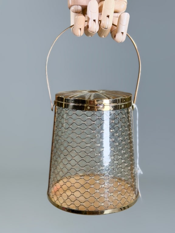 Vintage 1950s Lucite Clear Bucket Bag: Vintage 1950s Lucite Clear Bucket Bag having metal lid closure and metal handle with mirror detail inside. Measuring approximately 5.5 inches tall, 5 inch diameter. From the lifetime collection, fashi