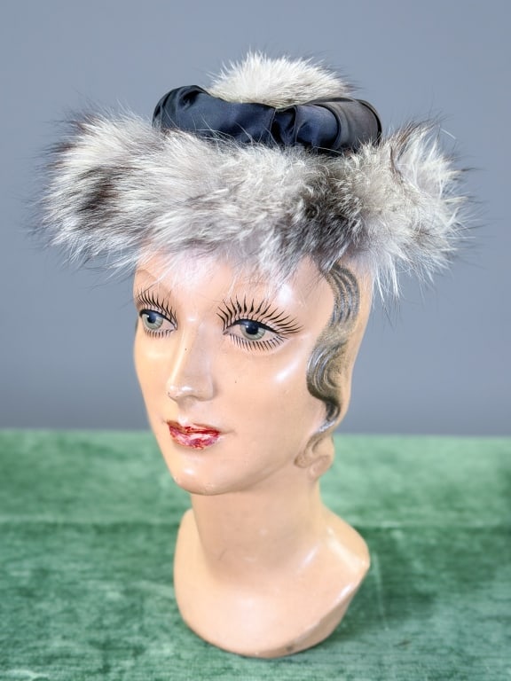 Vintage 1950s Fox Fur Satin Fascinator Hat: Vintage 1950s Fox Fur Satin Fascinator Hat. Labeled Fifi Philadelphia. Interior circumference measuring approximately 20 inches. From the lifetime collection, fashion archive and business inventory of